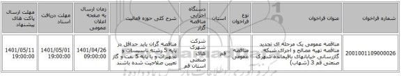 مناقصه، مناقصه عمومی یک مرحله ای تجدید مناقصه تهیه مصالح و اجرای شبکه گازرسانی خیابانهای باقیمانده شهرک صنعتی قم 3 (شهاب)