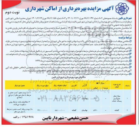 مزایده بهره برداری از اماکن شهرداری  - نوبت  دوم