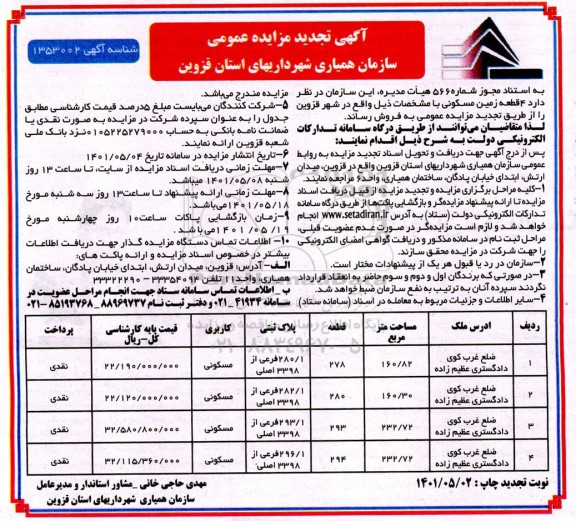 تجدید مزایده فروش 4 قطعه زمین مسکونی