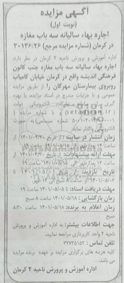 مزایده اجاره بها سالیانه سه باب مغازه