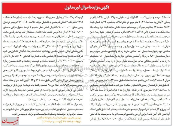 مزایده ششدانگ عرصه و اعیان یک دستگاه آپارتمان مسکونی به پلاک ثبتی 5.390