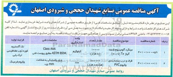 مناقصه میلگرد آلومینیومی 15ø آلیاژ T4 (2017) و...