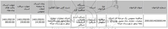 مناقصه، مناقصه عمومی یک مرحله ای اجرای عملیات حفاری چاه عمیق روستای بلفه تیمور شهرستان میانه