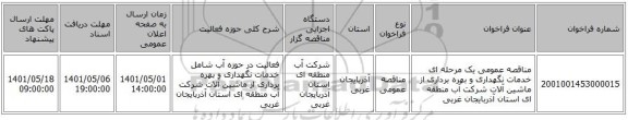 مناقصه، مناقصه عمومی یک مرحله ای خدمات نگهداری و بهره برداری از ماشین آلات شرکت آب منطقه ای استان آذربایجان غربی
