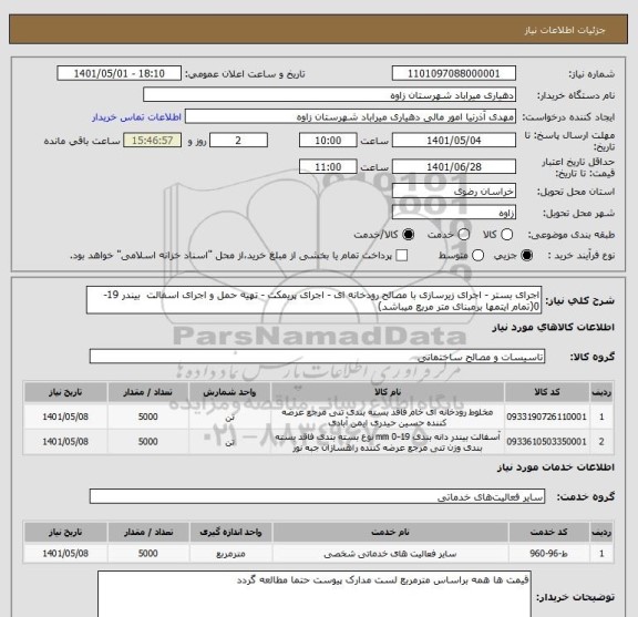 استعلام اجرای بستر - اجرای زیرسازی با مصالح رودخانه ای - اجرای پریمکت - تهیه حمل و اجرای اسفالت  بیندر 19-0(تمام ایتمها برمبنای متر مربع میباشد)