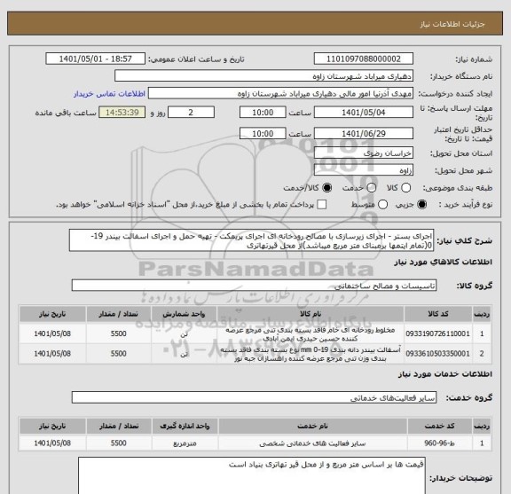 استعلام اجرای بستر - اجرای زیرسازی با مصالح رودخانه ای اجرای پریمکت - تهیه حمل و اجرای اسفالت بیندر 19-0(تمام ایتمها برمبنای متر مربع میباشد)از محل قیرتهاتری
