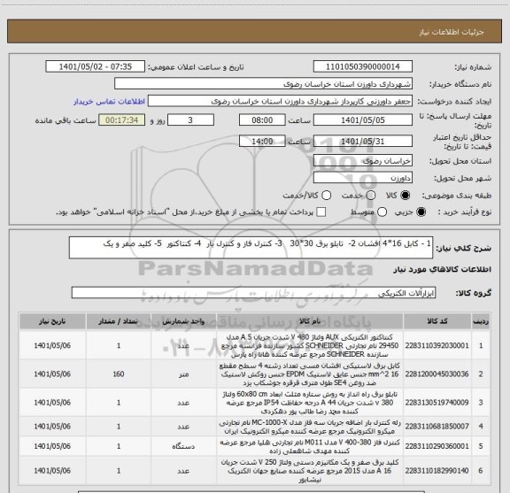 استعلام 1 - کابل 16*4 افشان 2-  تابلو برق 30*30   3- کنترل فاز و کنترل بار  4- کنتاکتور  5- کلید صفر و یک