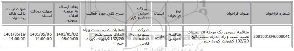 مناقصه، مناقصه عمومی یک مرحله ای عملیات نصب، تست و راه اندازی پست پکیج 132/20 کیلوولت کورده خنج