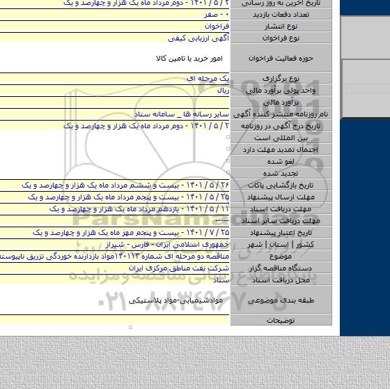 مناقصه, مناقصه دو مرحله ای شماره ۱۴۰۱۱۳مواد بازدارنده خوردگی تزریق ناپیوسته