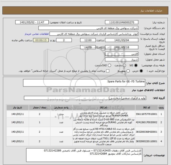 استعلام Spare Parts for GE- F5 Turbine
