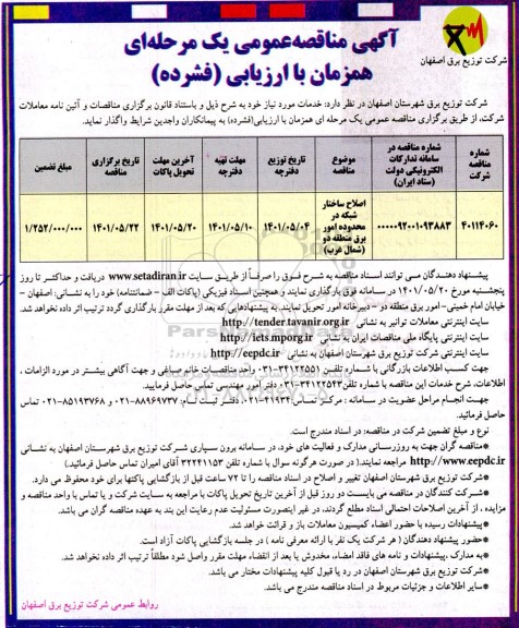 مناقصه اصلاح ساختار شبکه در محدوده امور برق منطقه دو