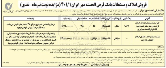 مزایده مزایده فروش املاک و مستغلات شماره 401.1