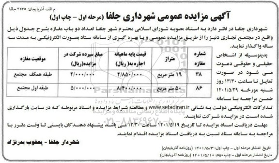 مزایده واگذاری تعداد دو باب مغازه 