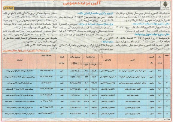 مزایده عمومی واگذاری تعداد 8 فقره از املاک مازاد خود با کاربری مسکونی - نوبت دوم