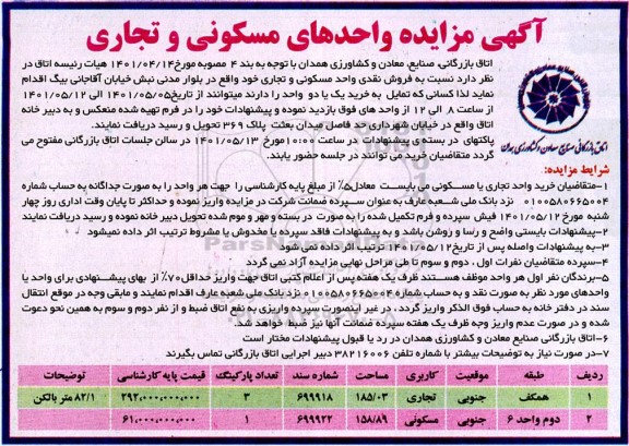 مزایده فروش نقدی واحد مسکونی و تجاری 