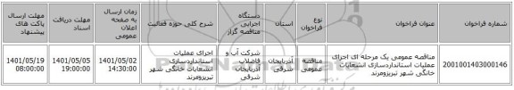 مناقصه، مناقصه عمومی یک مرحله ای اجرای عملیات استانداردسازی انشعابات خانگی شهر تبریزومرند