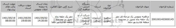 مناقصه، مناقصه عمومی یک مرحله ای حفر یک حلقه چاه عمیق در محدوده منطقه هادیشهر-جلفا