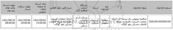 مناقصه، مناقصه عمومی یک مرحله ای اجرای عملیات قسمت باقیمانده شبکه فاضلاب مسکن مهر گوگان