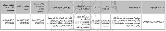 مناقصه، مناقصه عمومی یک مرحله ای واگذاری انجام کلیه فعالیت های خدمات عمومی و پشتیبانی بیمارستان رازی