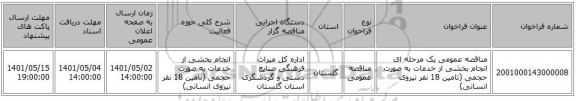 مناقصه، مناقصه عمومی یک مرحله ای انجام بخشی از خدمات به صورت حجمی (تامین 18 نفر نیروی انسانی)