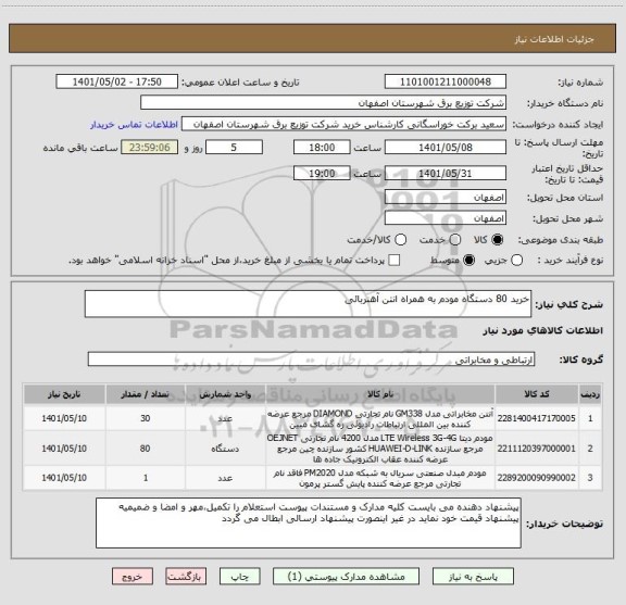استعلام خرید 80 دستگاه مودم به همراه انتن آهنربائی