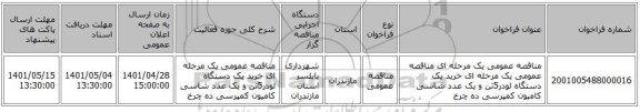 مناقصه، مناقصه عمومی یک مرحله ای مناقصه عمومی یک مرحله ای خرید یک دستگاه لودر5تن و یک عدد شاسی کامیون کمپرسی ده چرخ