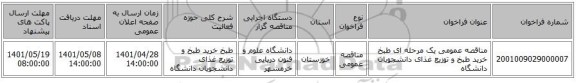 مناقصه، مناقصه عمومی یک مرحله ای طبخ خرید طبخ و توزیع غذای دانشجویان دانشگاه