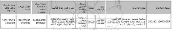 مناقصه، مناقصه عمومی دو مرحله ای تأمین ، نصب و راه اندازی  Storage  با پشتیبانی 2 ساله شرکت تولید کننده