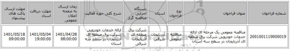 مناقصه، مناقصه عمومی یک مرحله ای ارائه خدمات خودرویی شرکت برق منطقه ای آذربایجان در سطح سه استان