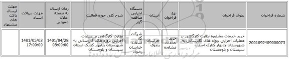 مناقصه، خرید خدمات مشاوره نظارت کارگاهی بر عملیات اجرایی پروژه های گازرسانی به شهرستان چابهار کنارک استان سیستان و بلوچستان