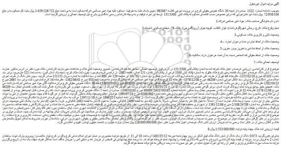 مزایده فروش عرصه و اعیان ملک تعرفه شده به شماره پلاک ثبتی 151/3300 