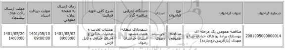 مناقصه، مناقصه عمومی یک مرحله ای بهسازی پیاده رو های خیابان صبا و مهدی (بازآفرینی-زودبازده)