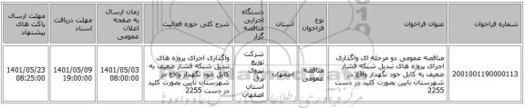مناقصه، مناقصه عمومی دو مرحله ای واگذاری اجرای پروژه های تبدیل شبکه فشار ضعیف به کابل خود نگهدار واقع در شهرستان نایین بصورت کلید در دست 2255