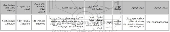مناقصه، مناقصه عمومی یک مرحله ای اصلاح سیستم روشنایی باغ شاهزاده ماهان