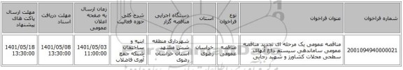 مناقصه، مناقصه عمومی یک مرحله ای تجدید مناقصه عمومی ساماندهی سیستم دفع آبهای سطحی محلات کشاورز و شهید رجایی