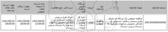مناقصه، مناقصه عمومی یک مرحله ای اجرای طرح سنجش سلامت جسمانی و آمادگی تحصیلی نو آموزان بدو ورود به دبستان و پیش دبستان