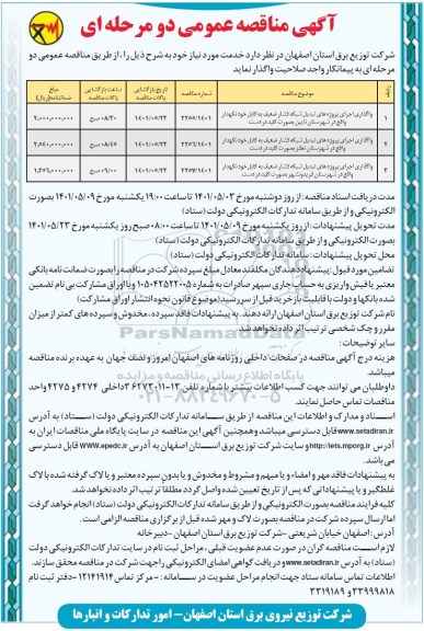 مناقصه واگذاری اجرای پروژه های تبدیل شبکه فشار ضعیف به کابل خودنگهدار 