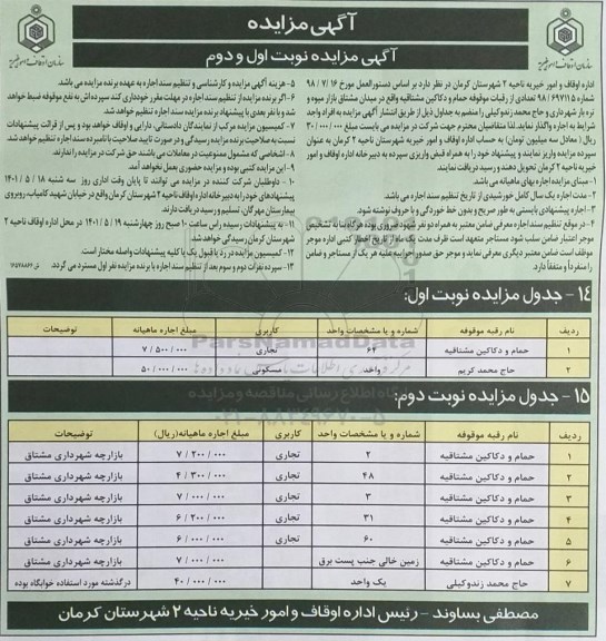 مزایده تعدادی از رقبات موقوفه نوبت اول و دوم 