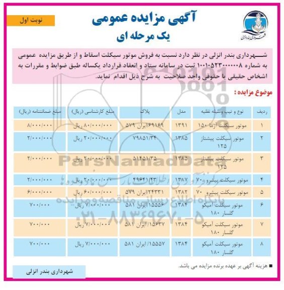 مزایده فروش موتور سیکلت اسقاط