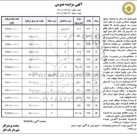 مزایده فروش تعداد 12 قطعه زمین مسکونی - نوبت دوم