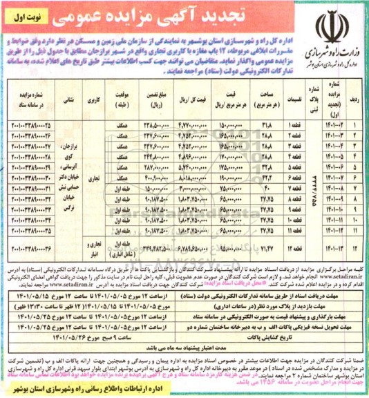 تجدید مزایده واگذاری  12 باب مغازه با کاربری تجاری