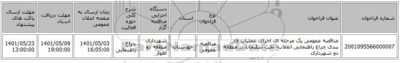 مناقصه، مناقصه عمومی یک مرحله ای اجرای عملیات فاز بندی چراغ راهنمایی انقلاب- تخت سلیمان در منطقه دو شهرداری