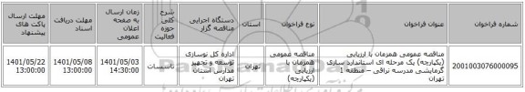مناقصه، مناقصه عمومی همزمان با ارزیابی (یکپارچه) یک مرحله ای استاندارد سازی گرمایشی مدرسه نراقی – منطقه 1 تهران