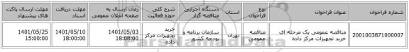 مناقصه، مناقصه عمومی یک مرحله ای خرید تجهیزات مرکز داده