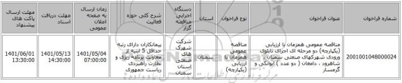 مناقصه، مناقصه عمومی همزمان با ارزیابی (یکپارچه) دو مرحله ای اجرای تابلوی ورودی شهرکهای صنعتی سمنان ، شاهرود ، دامغان  ( دو عدد ) ایوانکی و گرمسار