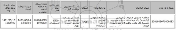 مناقصه، مناقصه عمومی همزمان با ارزیابی (یکپارچه) یک مرحله ای احداث مدرسه کمیساریای عالی پناهندگان شیخ صدوق قرچک