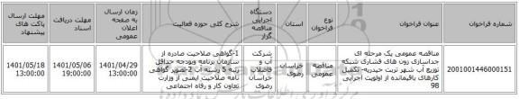 مناقصه، مناقصه عمومی یک مرحله ای جداسازی زون های فشاری شبکه توزیع آب شهر تربت حیدریه- تکمیل کارهای باقیمانده از اولویت اجرایی 98