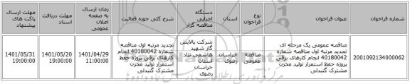 مناقصه، مناقصه عمومی یک مرحله ای تجدید مرتبه اول مناقصه شماره 40180042 انجام کارهای برقی پروژه حفظ استمرار تولید مخزن مشترک گنبدلی