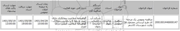 مناقصه، مناقصه عمومی یک مرحله ای طرح آبرسانی مجتمع بالا ولایت شهرستان کاشمر