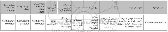 مناقصه، مناقصه عمومی همزمان با ارزیابی (یکپارچه) یک مرحله ای خدمات متقاضیان و مشترکین جز و عمده ، قرائت و توزیع و خدمات ناحیه شهرستان زاهدان